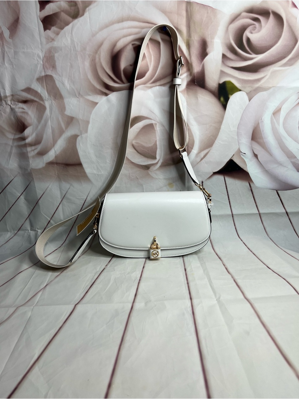 Michael Kors White Leather Crossbody with Gold-Tone Lock